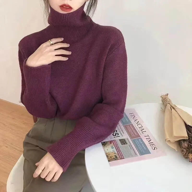 Sweater rajut wanita, Sweater rajut versi Korea, Sweater Turtleneck warna Solid, atasan dasar hangat Lapping Interior ramping, Sweater musim dingin