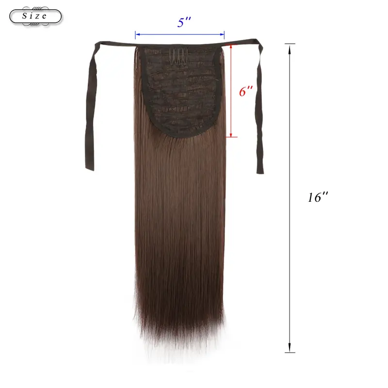 AICKER ekstensi rambut ekor kuda sintetis 16 ", ekstensi rambut poni palsu lurus warna hitam cokelat