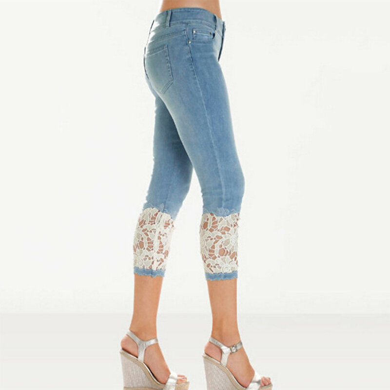2023 Summer Capri Pants Lace Stretchy Women Ladies Calf Length Jeans Skinny Cropped Jeggings Denim Pants Stretch 3/4 Trousers