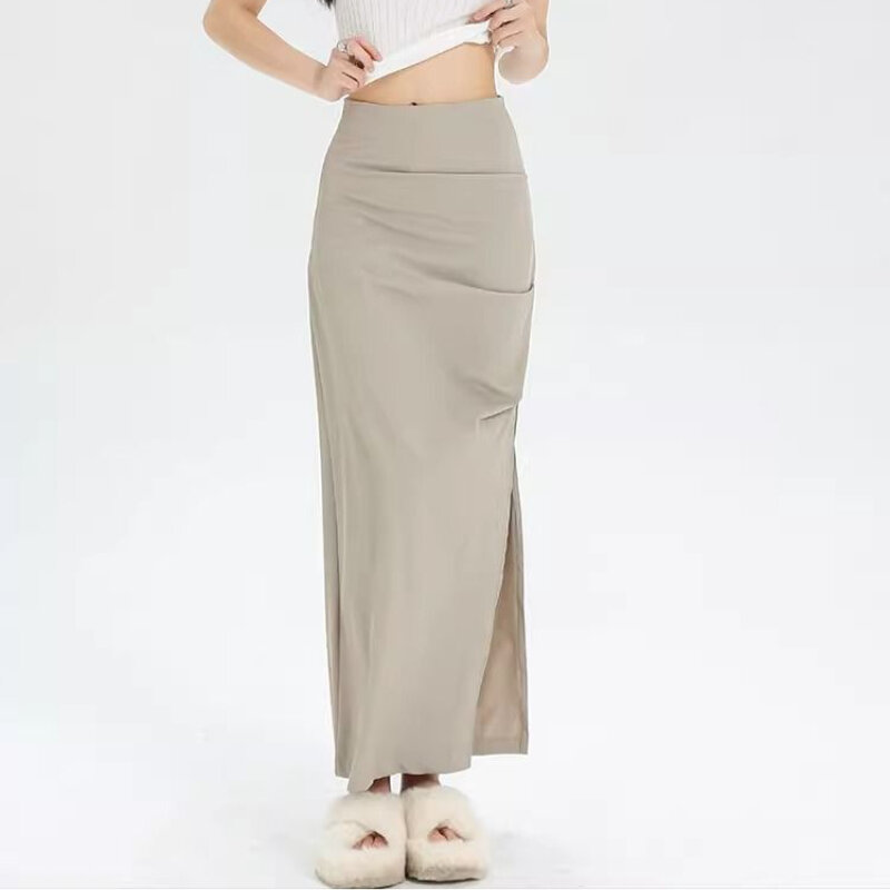 Deeptown Elegant Slit Skirt Women Pleated Sexy Solid Long Skirts Sweet Vintage Y2k Korean Style Slim Fit Streetwear Casual Skirt