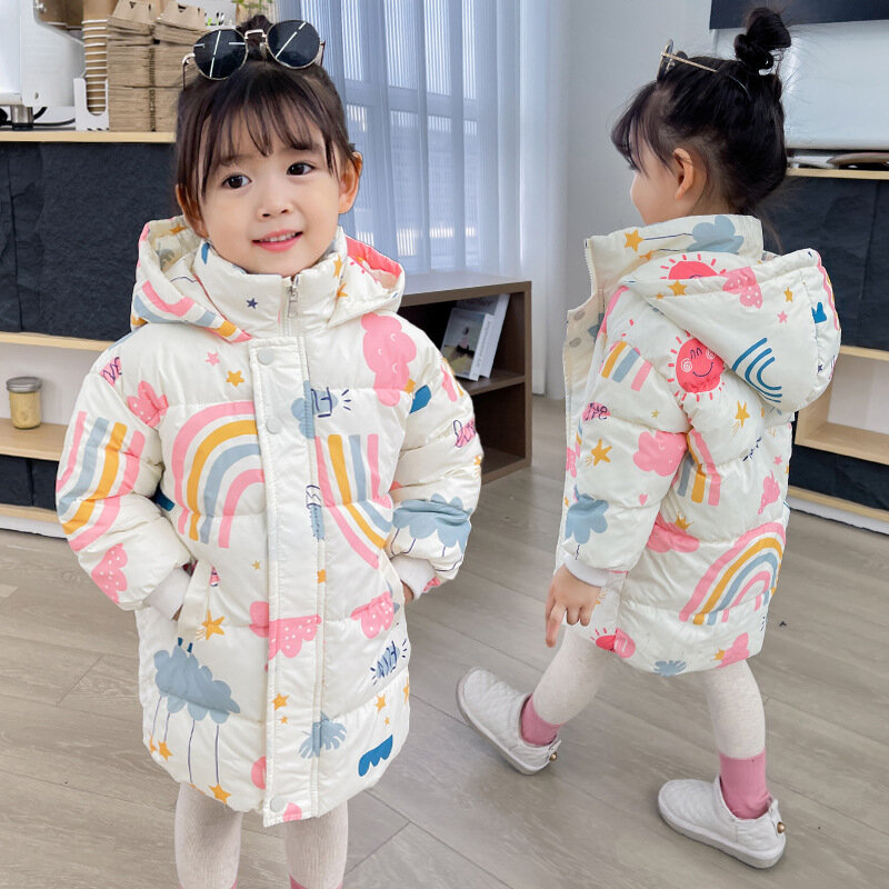 Winter Long Style Girls Down Jackets Keep Warm Cotton Coat Autumn Hooded Windbreaker Outerwear for 2-7 Years Kids Clothes