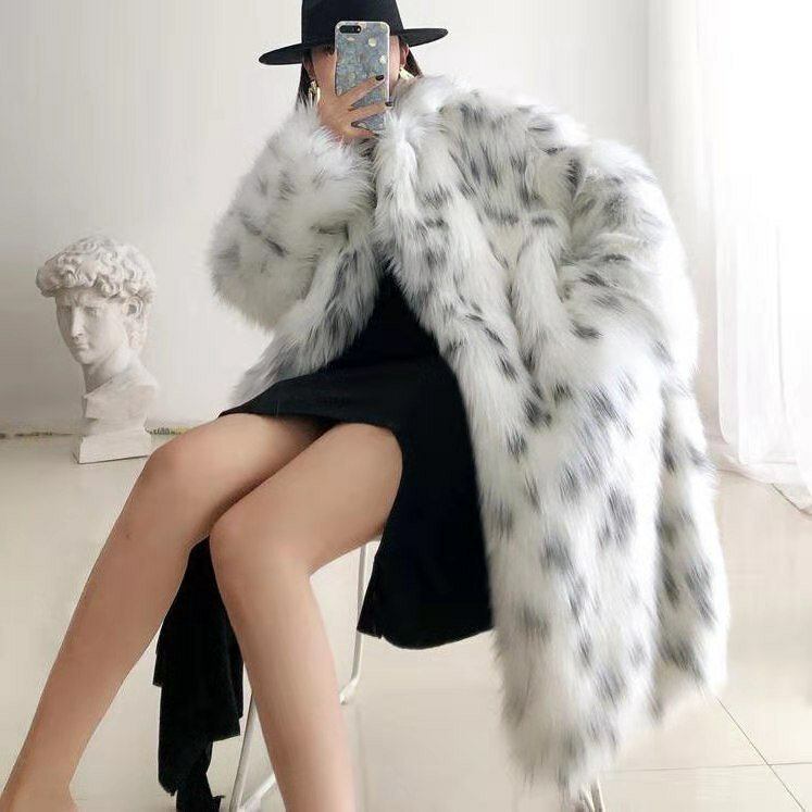 Casaco feminino de pele de raposa falsa, casacos de pelúcia meio comprido, jaqueta estampada em leopardo-da-neve grossa e quente, jaqueta casual feminina, inverno, novo, 2023