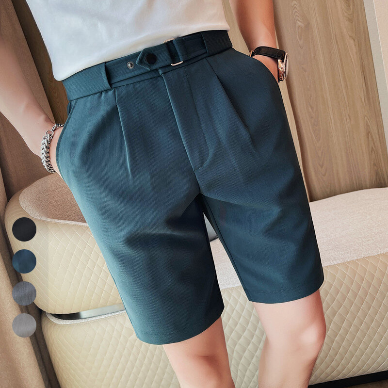 กางเกงแฟชั่นลำลองรุ่นกลางแบบไม่รีดทรีตเมนต์สำหรับผู้ชายคร็อปแพนท์ใหม่ทรงสลิมฟิตสีทึบลายทางสีเข้ม