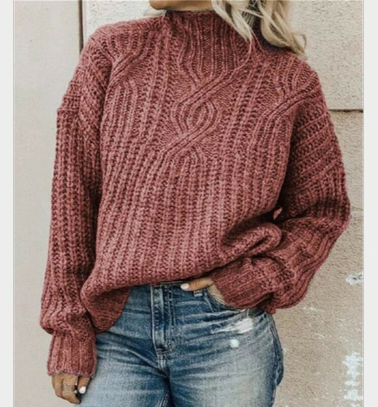Sweater rajut leher tinggi wanita, atasan jumper hangat tebal elegan polos Pullover lengan panjang rajut adonan goreng musim dingin dan musim gugur