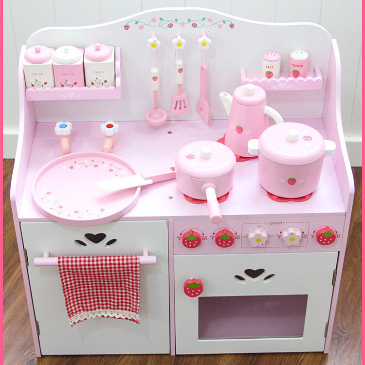 [Funny]Big size 63cm Wooden simulation Strawberry Apron kitchen set seasoning box Spatula Play house toys for girl birthday gift
