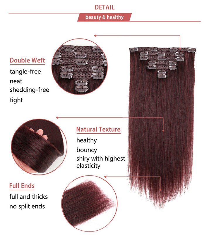 Clip In Human Hair Extensions Burgundy Straight Add Hair Natural Hair Women 18Inch Seamless Clip In Real Human Hair Extensions