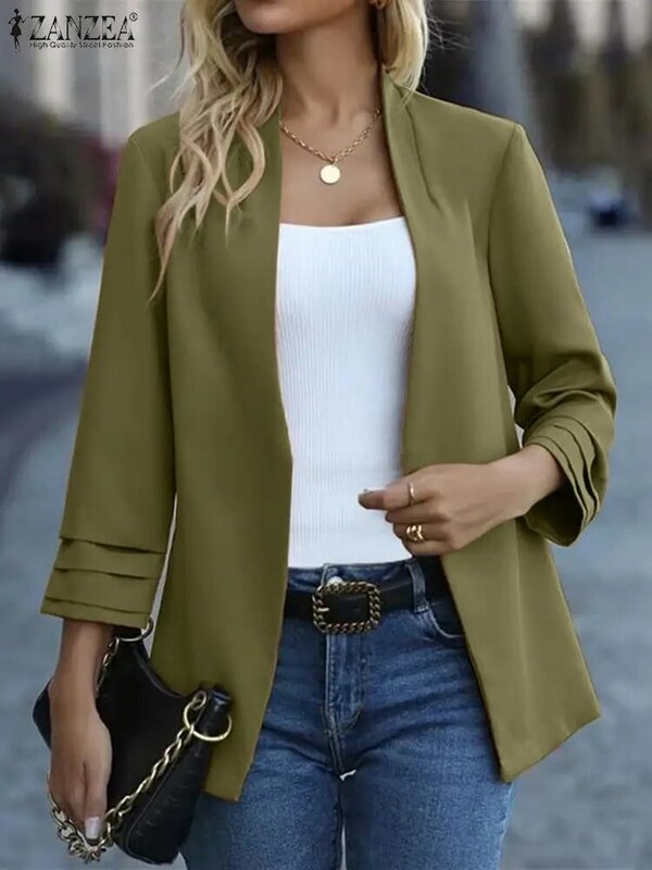 ZANZEA Solid OL Suit Casual Jackets 2023 Women Office Blazer Autumn Elegant Long Sleeve Stand Collar Blazer Fashion Simple Coats