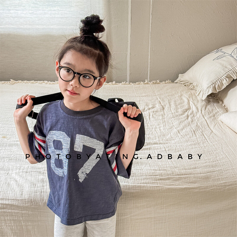 Camisetas de manga corta para niños y niñas, ropa de algodón con estampado de letras, informal, holgada, versátil, novedad de verano 2024
