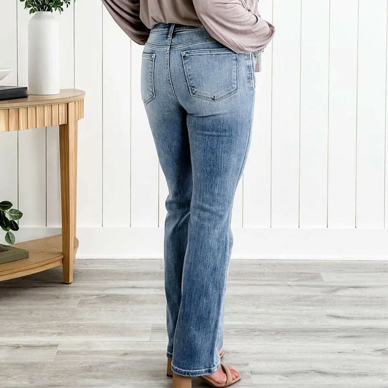 Moda damska Duży rozmiar Luźne, wysokie, elastyczne, dopasowane spodnie jeansowe z mikro rozkloszowanymi nogawkami Rozciągliwy klasyczny dżins na co dzień dla kobiet