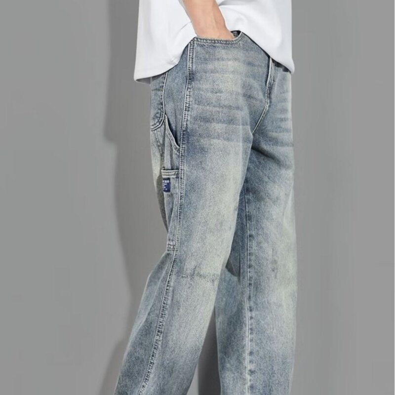 Abbigliamento primaverile Jeans in tessuto di alta qualità da uomo pantaloni larghi in Denim a gamba larga elastico in vita pantaloni alti di marca americana alla moda maschile