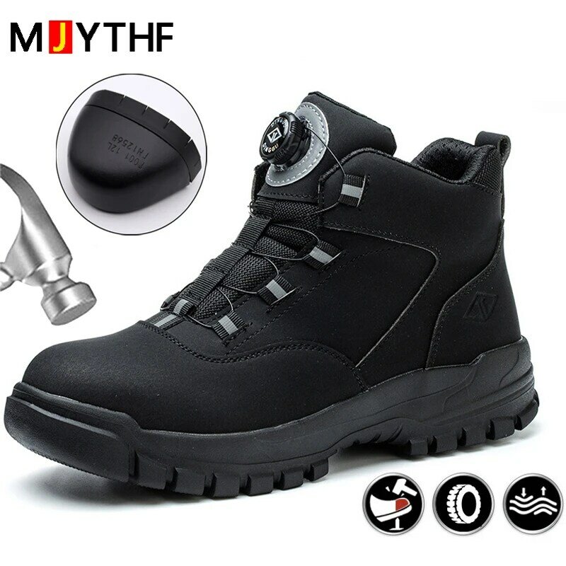 Botas masculinas de trabalho com botões rotativos, sapato de aço, bota de segurança, protetor à prova de perfurações, impermeável, indestrutível, novo
