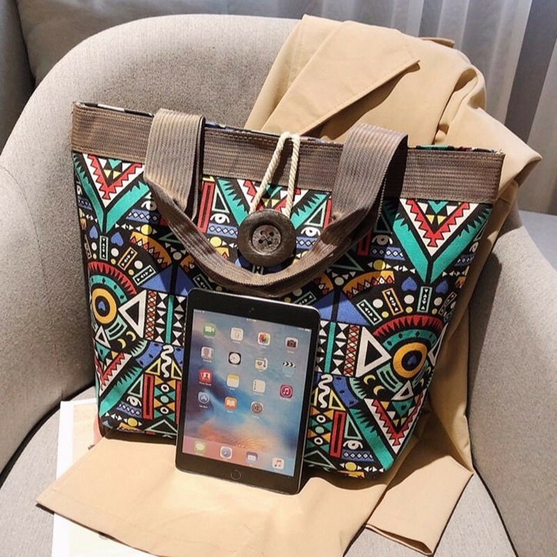 New Ethnic Style Shoulder Bag Casual Bohemian Canvas Bag Printed Beach Mommy Bag Handbags Travel Grocery Bag Shopping Bag Tote