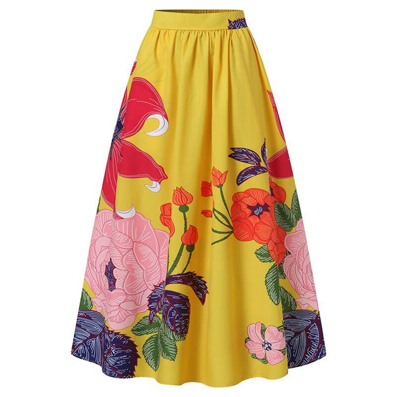 Women Bohemian Stylish Big Flower Printed Skirts Elegant High Waist Pocket Party Beach Maxi Casual Loose Party Holiday faldas