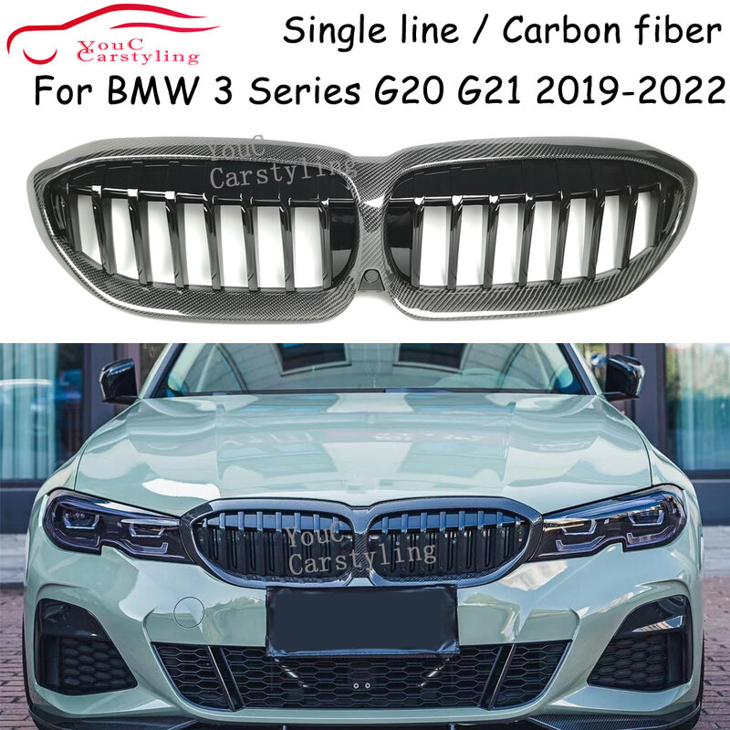 G20 pemanggang serat karbon untuk BMW 3 Series G20 G28 depan Gloss hitam kisi pengganti ginjal 2019-2022