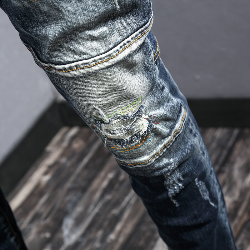 Streetwear Fashion Men Jeans Retro Black Blue Embroidery Patched Stretch Skinny Ripped Jeans Men Spliced Designer Hip Hop Pants
