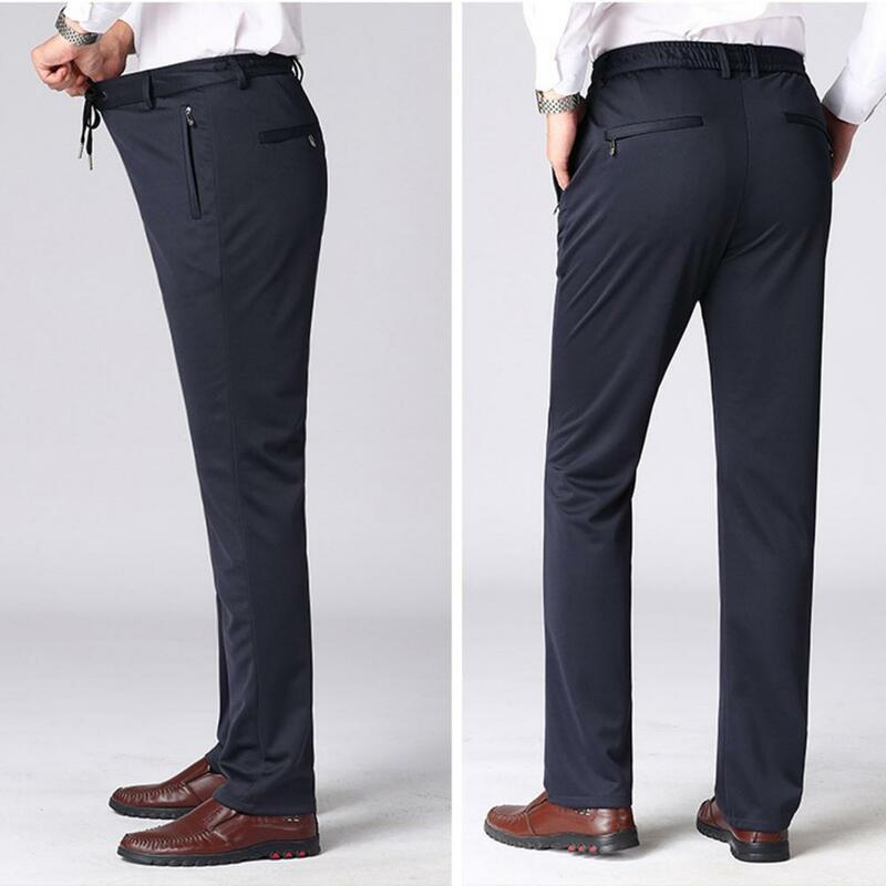 Solid Color Men Pants Mid-aged Men's Warm Winter Pants with High Elastic Waist Thick Plush Fabric Pockets for Sports Casual Wear