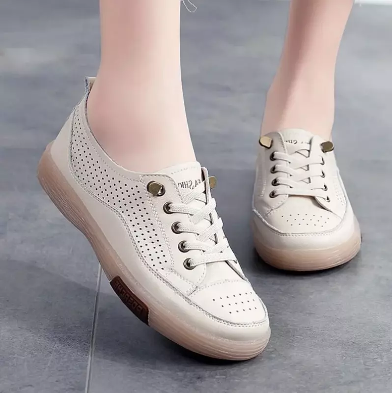 Sepatu datar wanita, sepatu kasual sol empuk kulit asli putih datar bernapas musim panas untuk wanita
