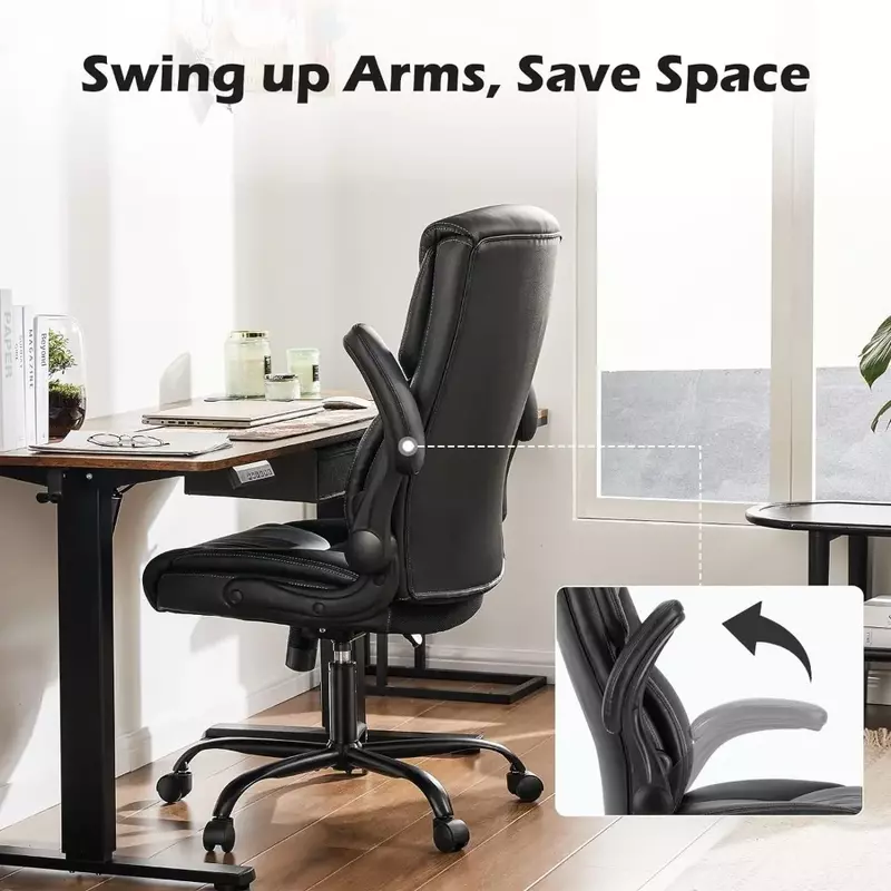 Kursi meja kantor kulit besar dan tinggi Eksekutif penyangga Lumbar Flip, tinggi dapat disesuaikan, roda, bantalan lembut, HITAM