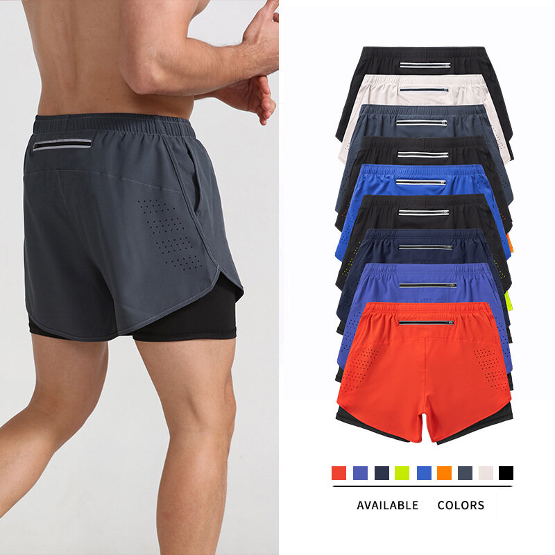 Unisex Double-Layer Fitness Shorts, secagem rápida, anti-derrapante, solto, corrida, maratona, pista, ginásio, exercício, homens, mulheres, diariamente