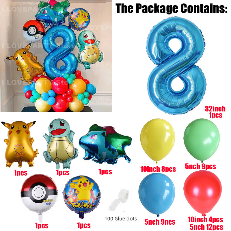 Globo de bolsillo de pokémon Pikachu, suministros de decoración de fiesta, tema de ensueño, Squirtle Bulbasaur, regalo para fiesta de cumpleaños, 49 piezas