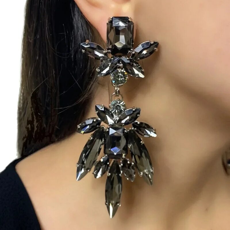 Black Crystal Earrings Studs for Women Large Luxury Design Party Jewelry Oversize Accessories Statement Rhinestone Earrings