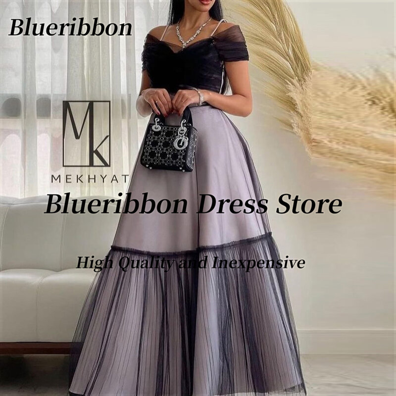 Blueribbon-فستان سهرة نسائي على شكل حرف A ، فساتين مكشكشة مكشوفة الكتف ، طول الأرض ، حفلة عيد ميلاد ، ملابس لحفلات التخرج