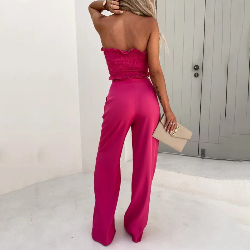 Ardm Sexy Strapless Sleeveless Ruffle White Summer Two Piece Set Women Straight Pants Hollow Out Backless Lace Up Party Trousers