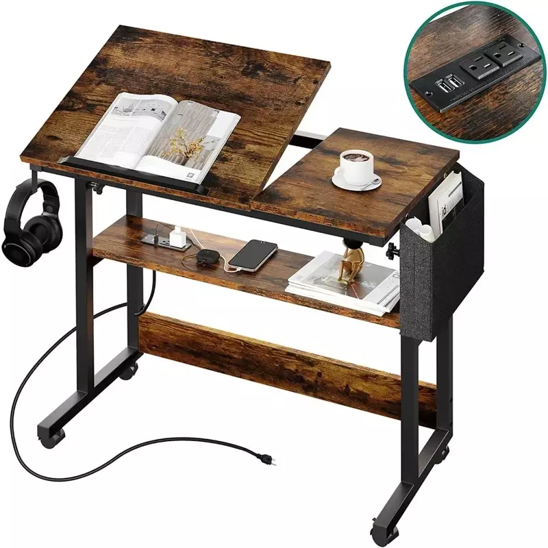 Table d'ordinateur portable portable avec station de charge, bureau d'ordinateur, meubles de chambre, accessoires de bureau pour la lecture et l'étude