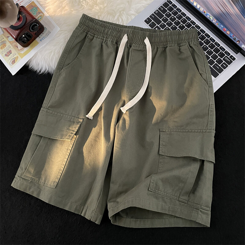 Men's Shorts Cargo Shorts Summer Casual Men Solid Color Cargo Short Multi-Pockets Drawstring Trousers Loose Short Trousers E57