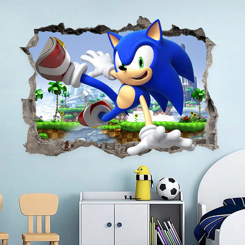 Stiker dinding Sonic 3d untuk kamar anak-anak, stiker decal Seni dinding superhero anime kartun berperekat untuk kamar anak