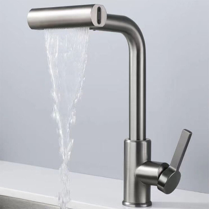 Ycraft-Pull-out Waterfall Stream Faucet para cozinha, cabeça de pulverizador, misturador para pia, níquel escovado, acessórios para torneira, preto e cinza, 4 modos