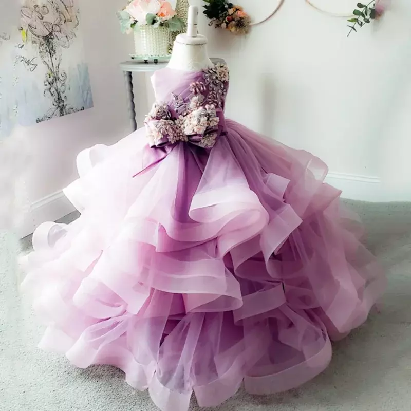 Flower Girl Sleeveless Ball Gown, até o chão, O-Neck, vestidos de dama de honra para casamento, primeira comunhão, requintado