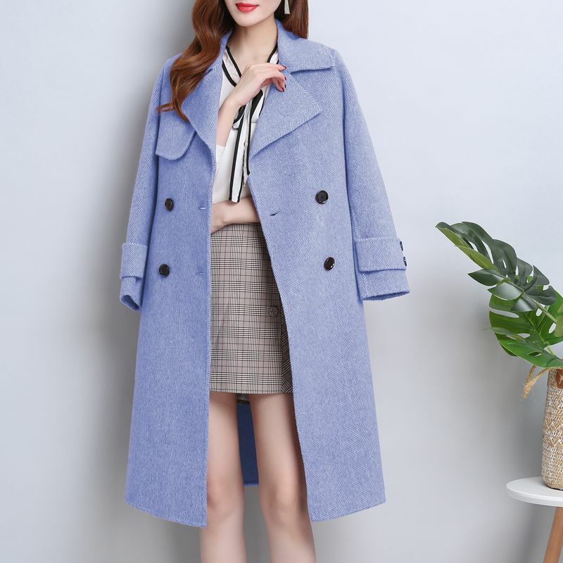 Jaket wol untuk wanita, pakaian luar gaya Korea lengan panjang warna polos mode hangat V2