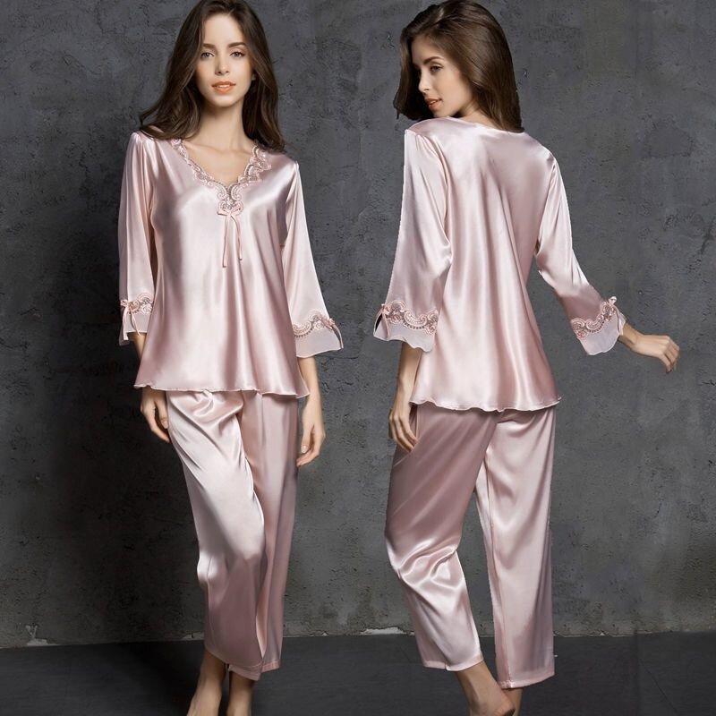 Ice Silk Nightdress Woman Two-piece Lace V-neck Sex Appeal Spring and Summer Long Sleeve Artificial Silk Pajamas for Women