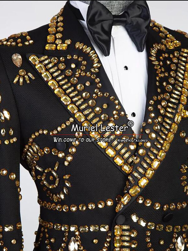 Black Men's Suits Formal Groom Wedding Tuxedo Double Breasted Jacket Pants 2 Pieces Golden Beading Prom Blazer Man Clothing 2024