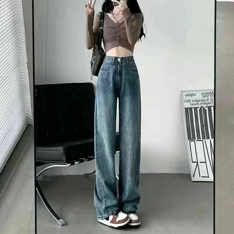 Retro Jeans mit weitem Bein für Frauen Sommer schlank 2024 neue hoch taillierte würzige Mädchen schmale Version würzige Mädchen drapieren gerade Bein Hosen