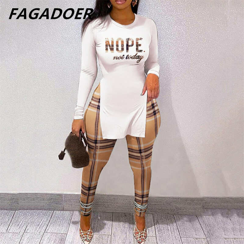 FAGADOER Fall Women Two Piece Sets Outfits Casual Print Side Slit Top And Skinny Pants Tracksuits Fashion Streetwear 2pcs Suits