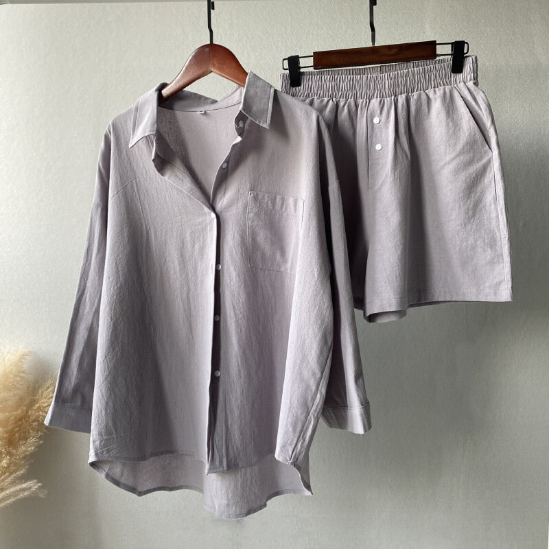 Conjunto feminino de terno casual solto de duas peças, camisa vintage, shorts domésticos, roupas de blusas, 2022