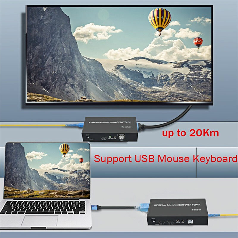 Extensor USB de fibra óptica KVM, receptor do transmissor de vídeo, extensor de cabo de fibra SC, comutador KVM para mouse, teclado, PC, 20km