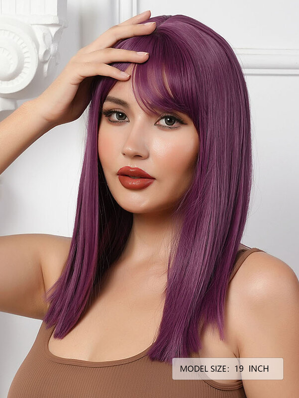 Women's straight purple 19-inch synthetic wig with full bangs is suitable for everyday wear