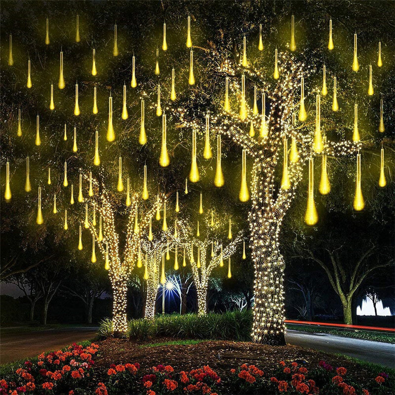 Guirnalda de luces LED de lluvia de meteoritos para exteriores, iluminación de hadas de carámbano para decoración de jardín, Navidad, boda, fiesta, actualización de 50CM, 288LED
