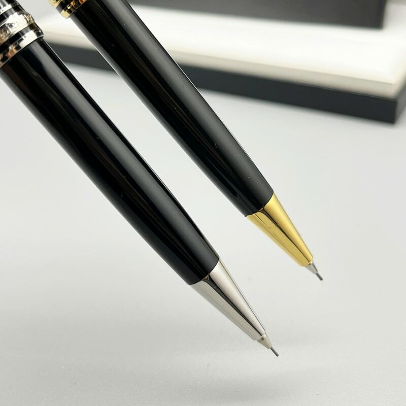 Klasyczny MB ołówek automatyczny 163 czarny żywiczny srebrny/złote wykończenia materiały biurowe z dodatkowym wkładem