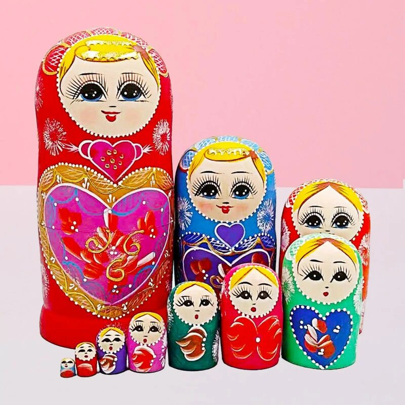 Matryoshka juguetes tradicionales pintados a mano para niños, juego de muñecas apilables de dibujos animados, muñecas rusas de anidación para estante y Sobremesa, 10 piezas