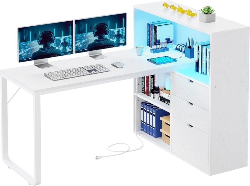 L geformter Schreibtisch mit Steckdosen & LED-Leuchten & Akten schrank, 55 "Eck computer tisch mit 3 Schubladen und 3 Lager regalen