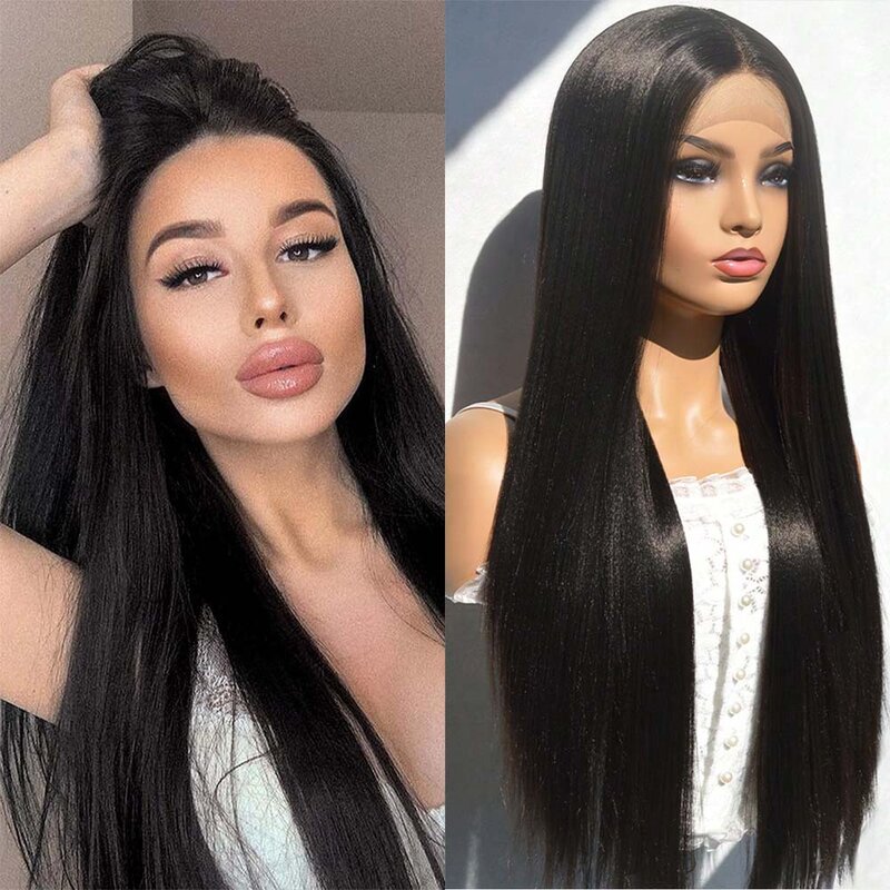 Long Straight Black Synthetic Wig Burgundy Lace Front Wigs for Cosplay Daily Use 13x3 Middle Part Heat Resistant Fiber Hair