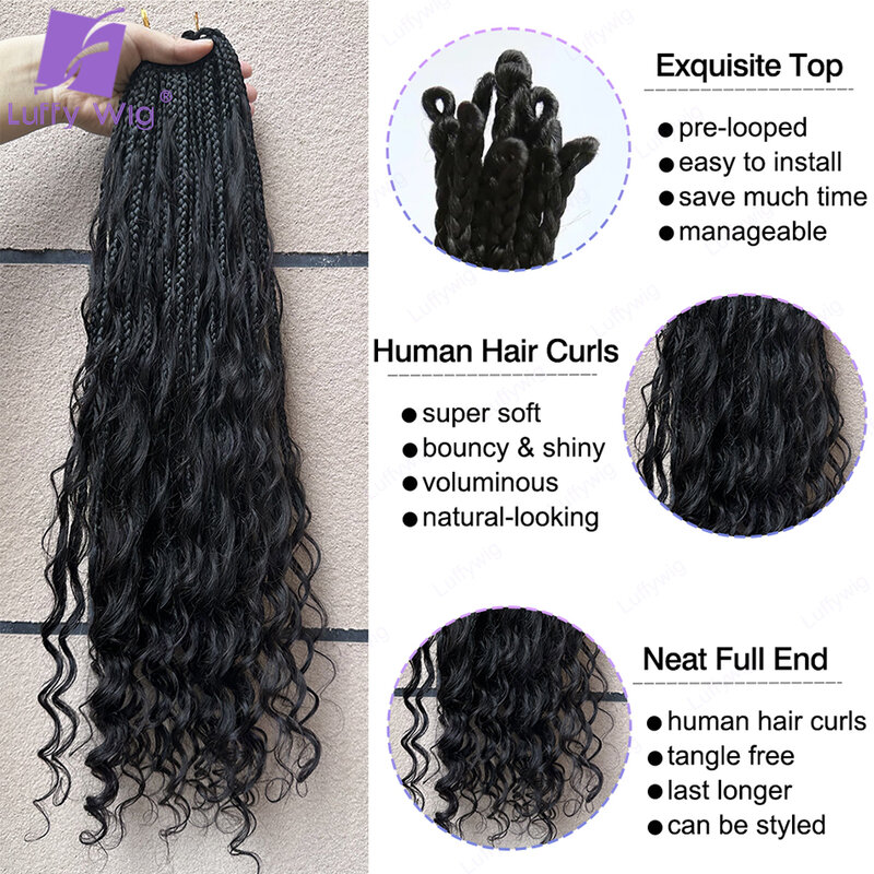 Loose Wave Goddess Boho Box tranças para mulheres negras, cabelo humano de crochê, encaracolado termina, trança sintética, cachos, 24"