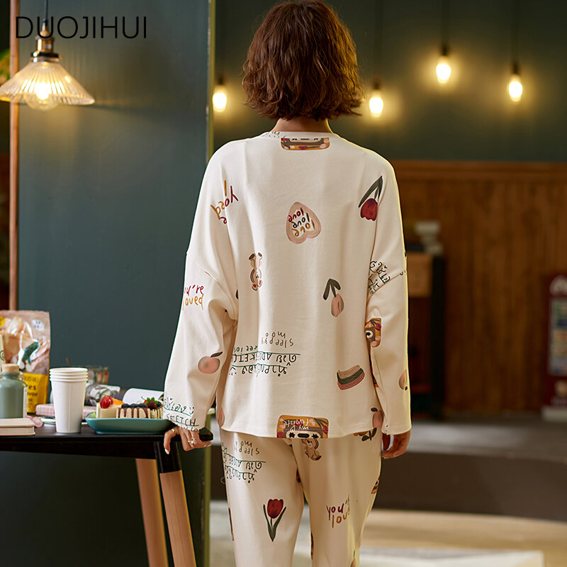 DUOJIHUI Fashion Two Piece Print Casual Home Pajamas for Women New Sweet Pullover Simple Loose Pant Spell Color Female Sleepwear
