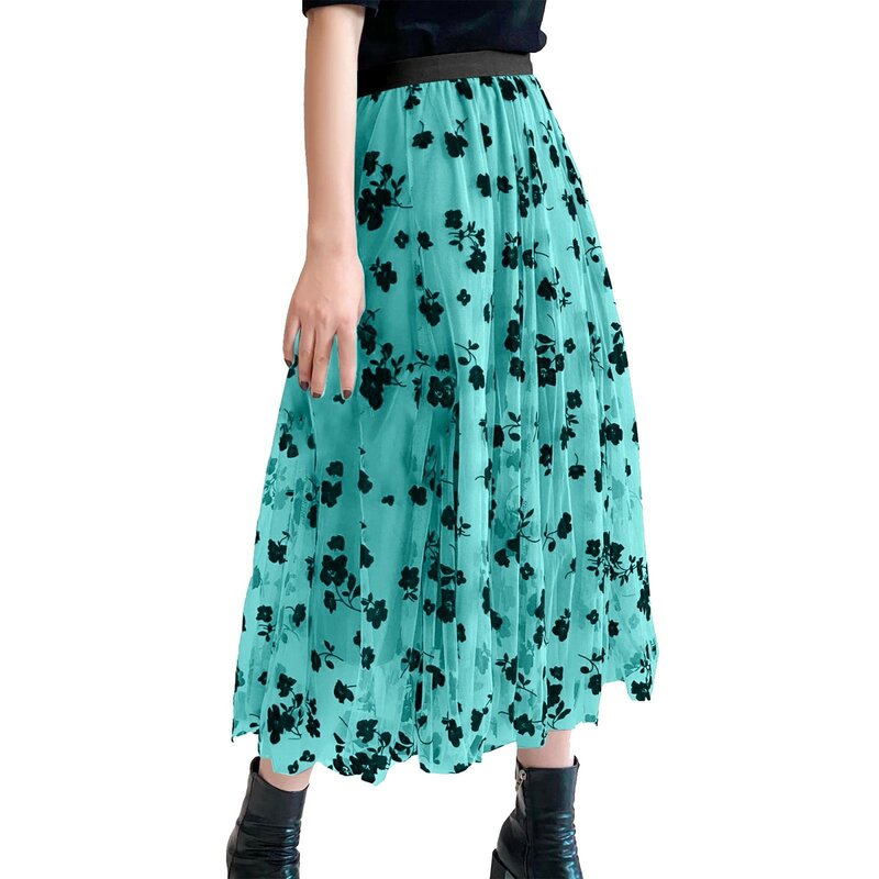 Сетчатая юбка с цветочным рисунком для женщин; Коллекция 2023 года; Сезон весна-осень; Длинная газовая юбка с высокой талией; Изящная модная пышная плиссированная юбка с цветочным принтом