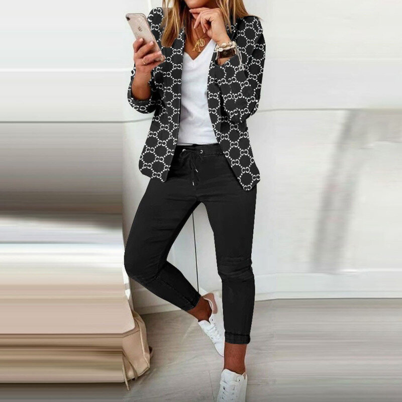 Женский офисный костюм из блейзера и брюк, повседневный облегающий костюм из двух предметов с геометрическим принтом, весна-осень 2022