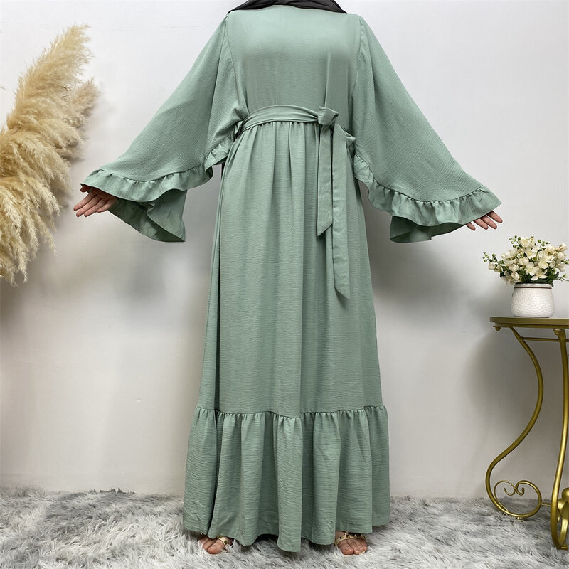 Islamic Turkey Dubai Abayas Ruffling Edge Lace-up Long Sleeve Evening Party Abayas for Women Muslim Dress Fashion Femme Robes